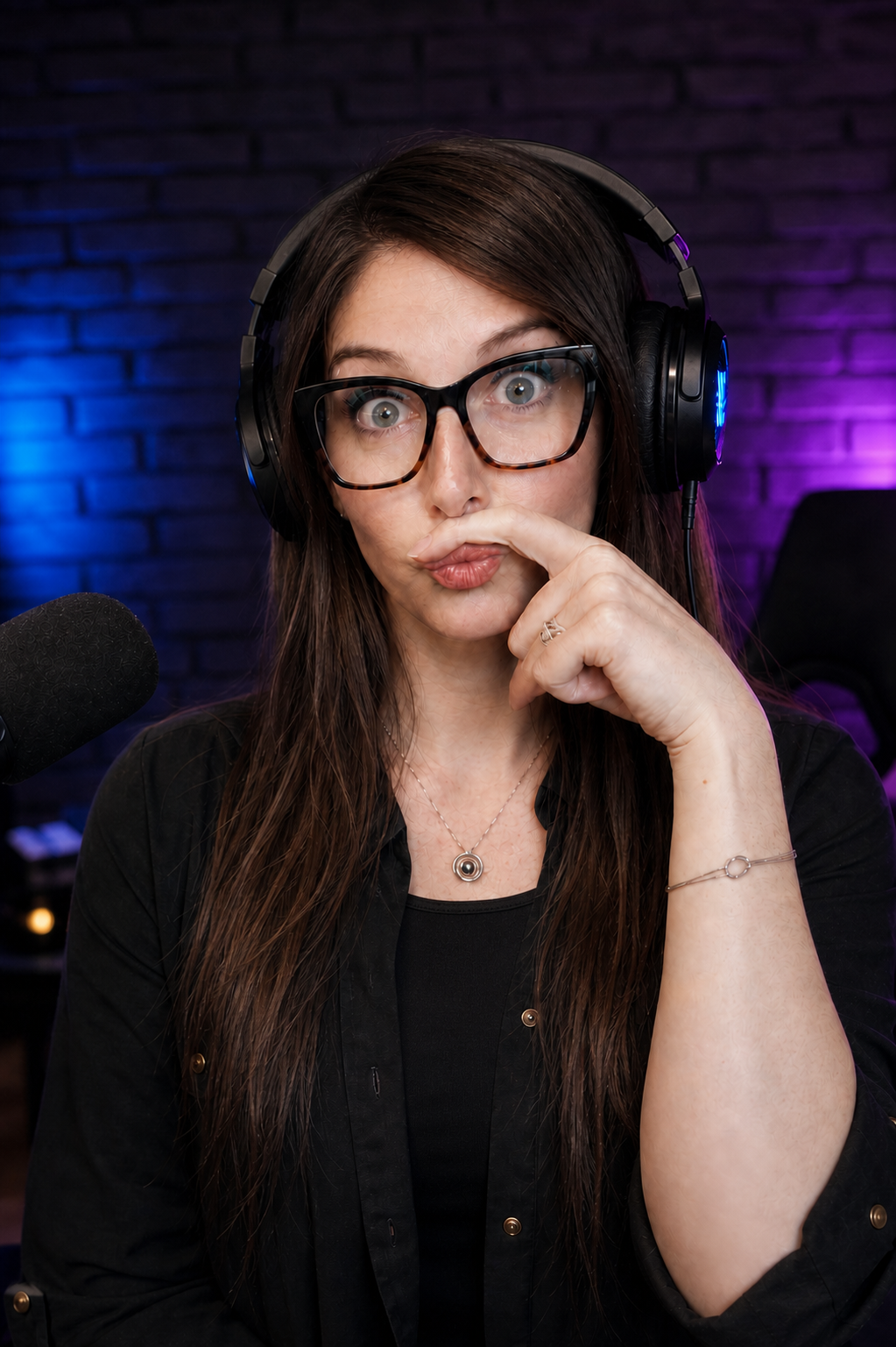 BamTasticBambi playfully holding her finger like a moustache in her streaming space