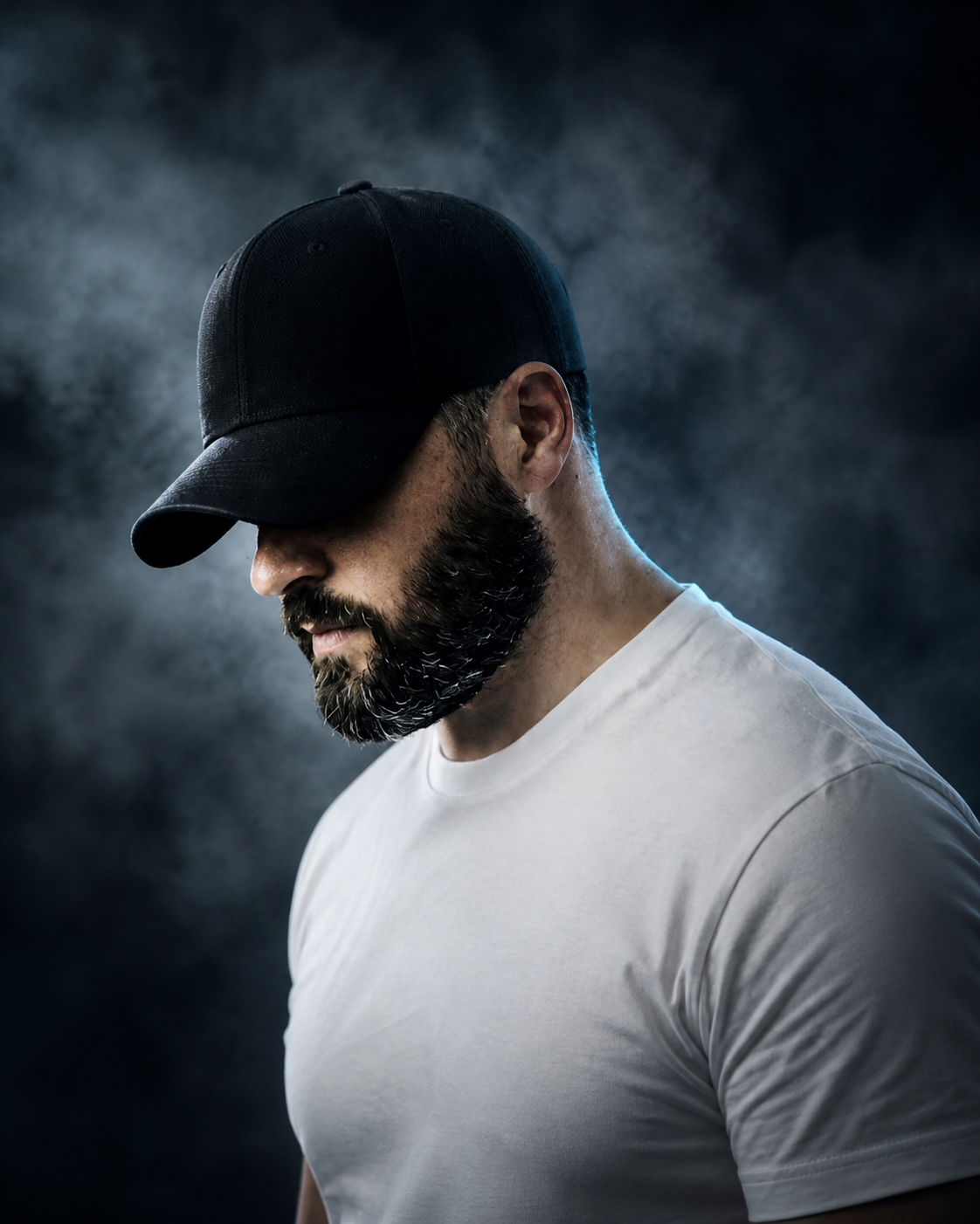 Major__Jack in a black cap against a smoky steel-blue background